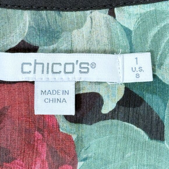 Chico’s Sheer Floral Ruffle Blouse Womens Size 8 Beaded Trim Tropical Office - Picture 6 of 10